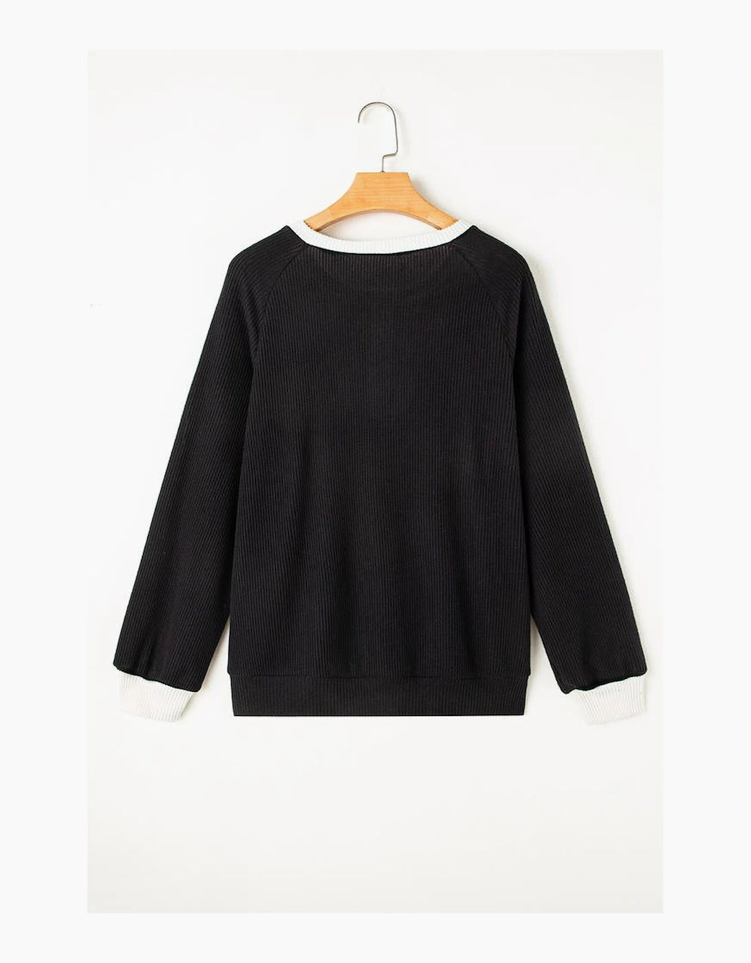 Black Color Contrast Ribbed Loose Fit Long Sleeve Top