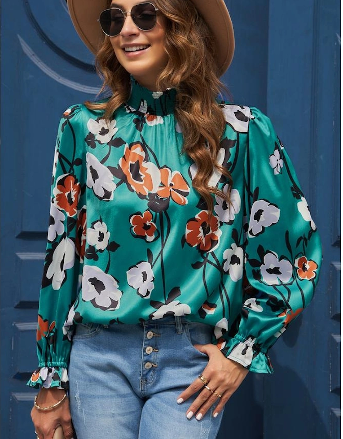 Floral Print Smocked Mock Neck Blouse