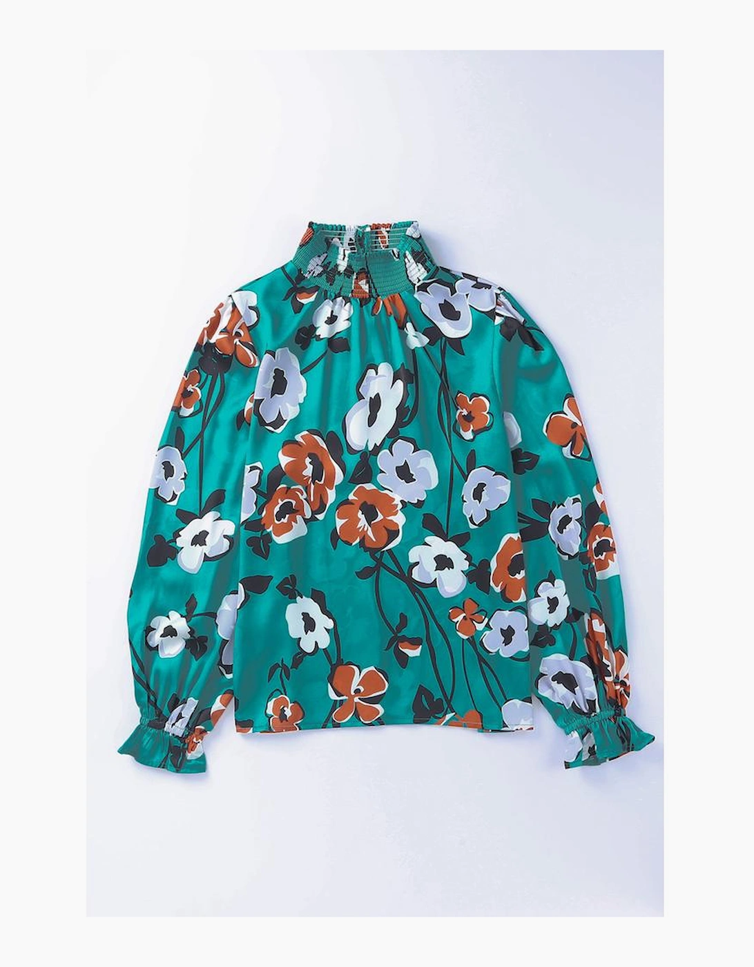 Floral Print Smocked Mock Neck Blouse