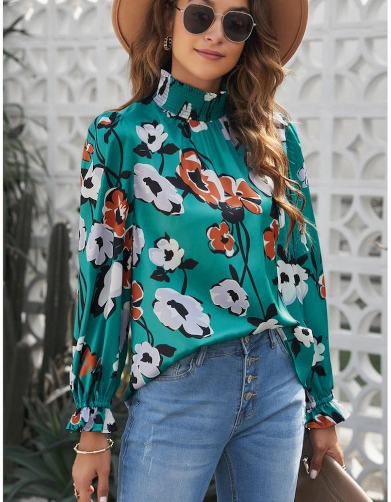 Floral Print Smocked Mock Neck Blouse