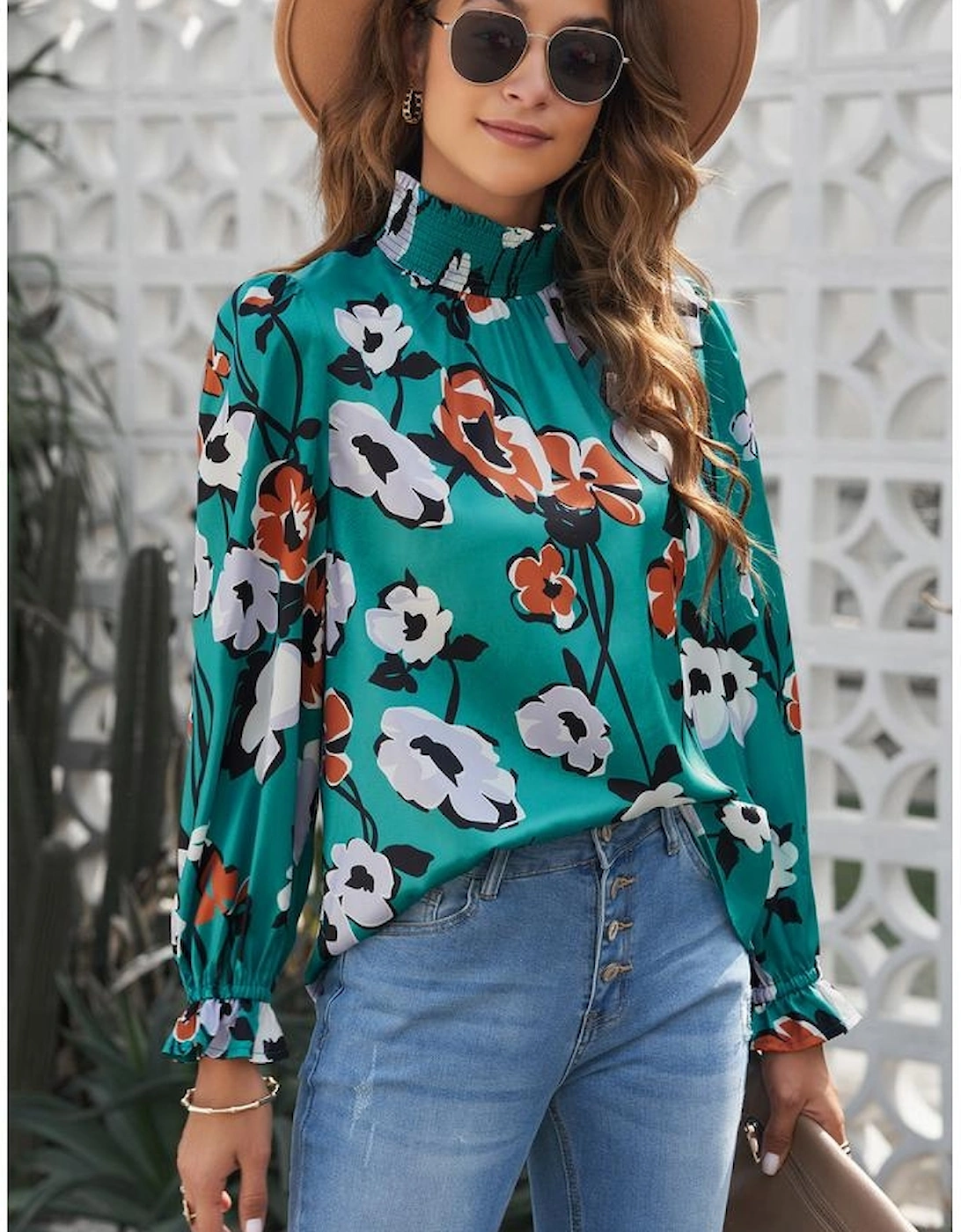 Floral Print Smocked Mock Neck Blouse