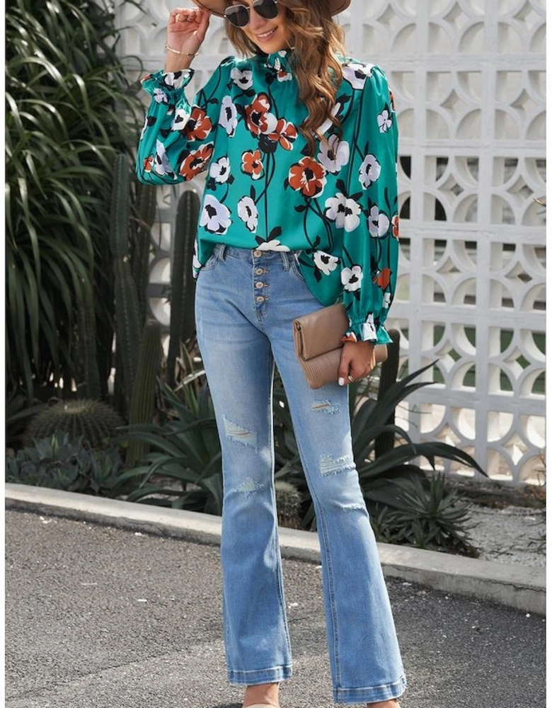 Floral Print Smocked Mock Neck Blouse