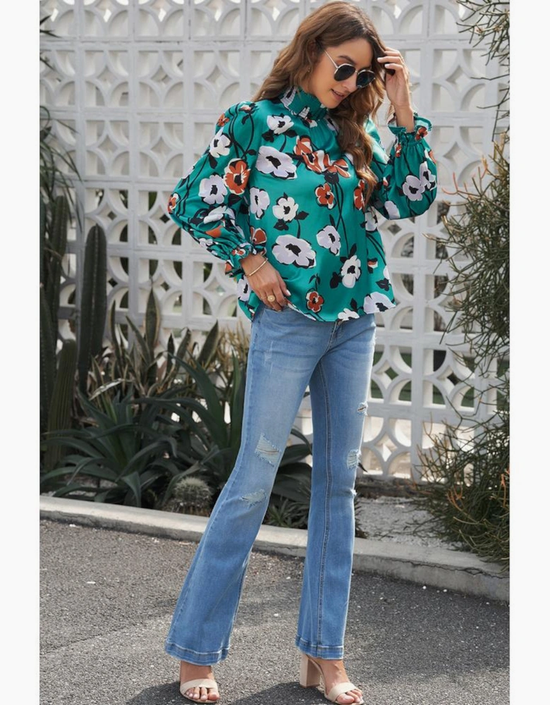 Floral Print Smocked Mock Neck Blouse