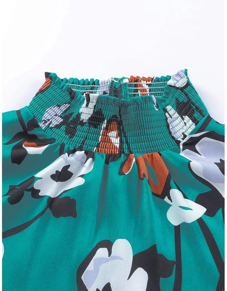 Floral Print Smocked Mock Neck Blouse