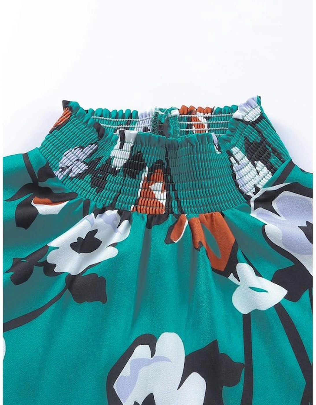 Floral Print Smocked Mock Neck Blouse