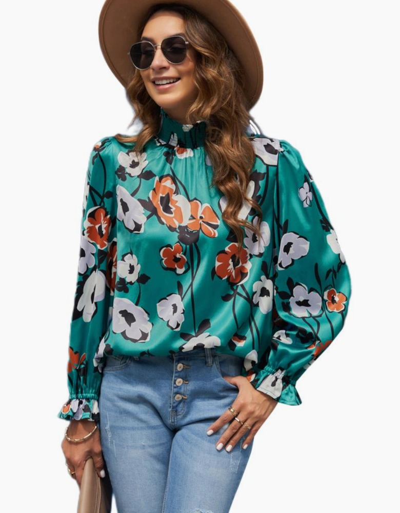 Floral Print Smocked Mock Neck Blouse
