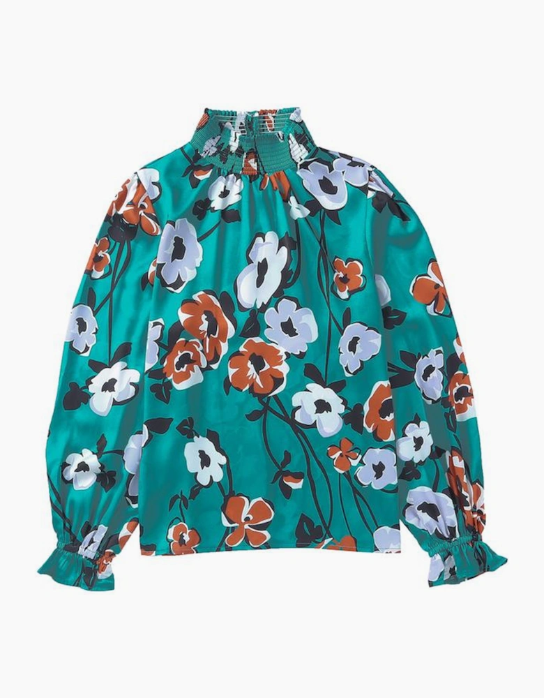 Floral Print Smocked Mock Neck Blouse