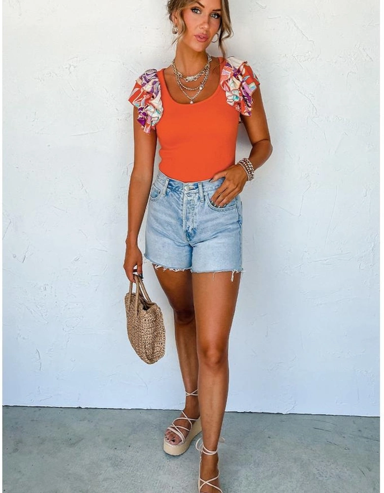 Orange Ribbed Knit Tiered Ruffled Sleeve Bodysuit