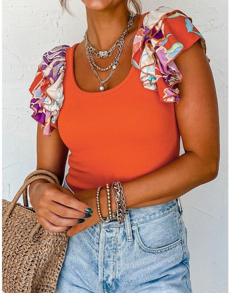 Orange Ribbed Knit Tiered Ruffled Sleeve Bodysuit