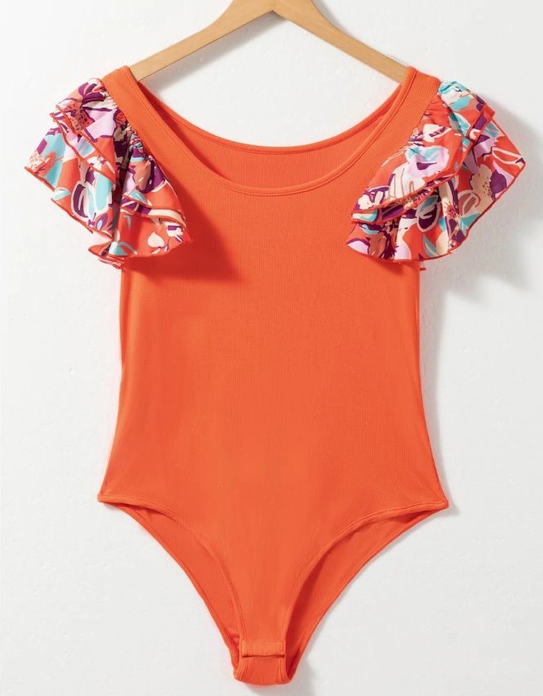 Orange Ribbed Knit Tiered Ruffled Sleeve Bodysuit