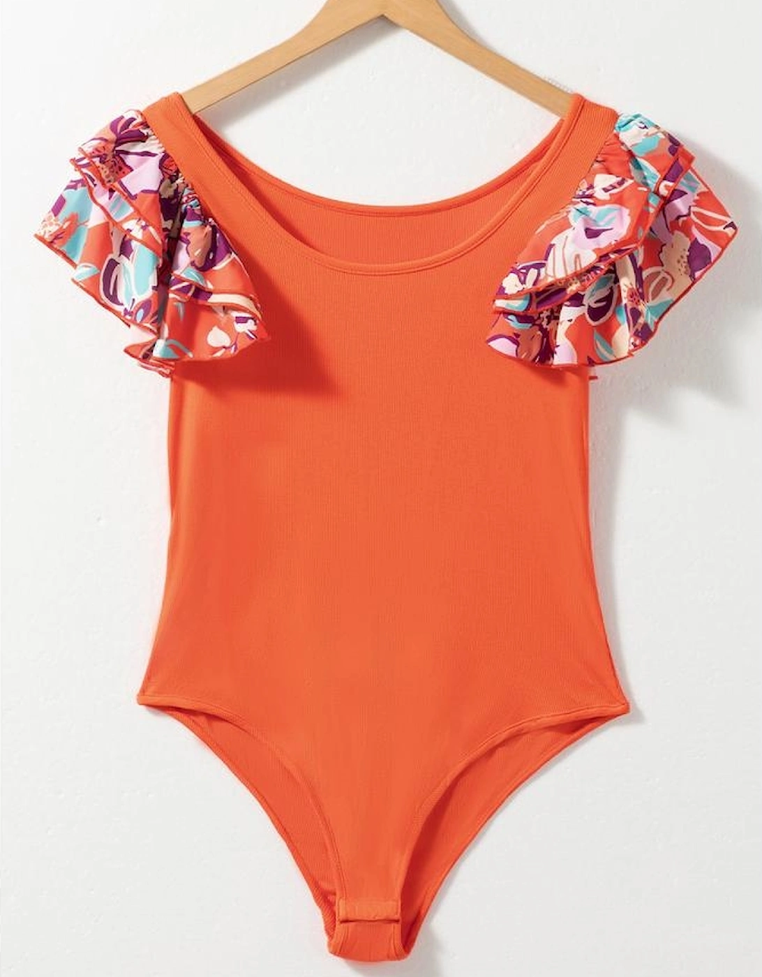 Orange Ribbed Knit Tiered Ruffled Sleeve Bodysuit