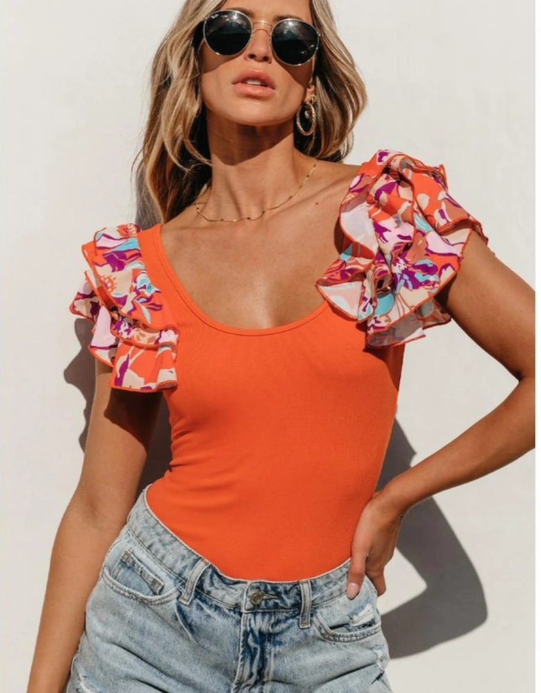 Orange Ribbed Knit Tiered Ruffled Sleeve Bodysuit