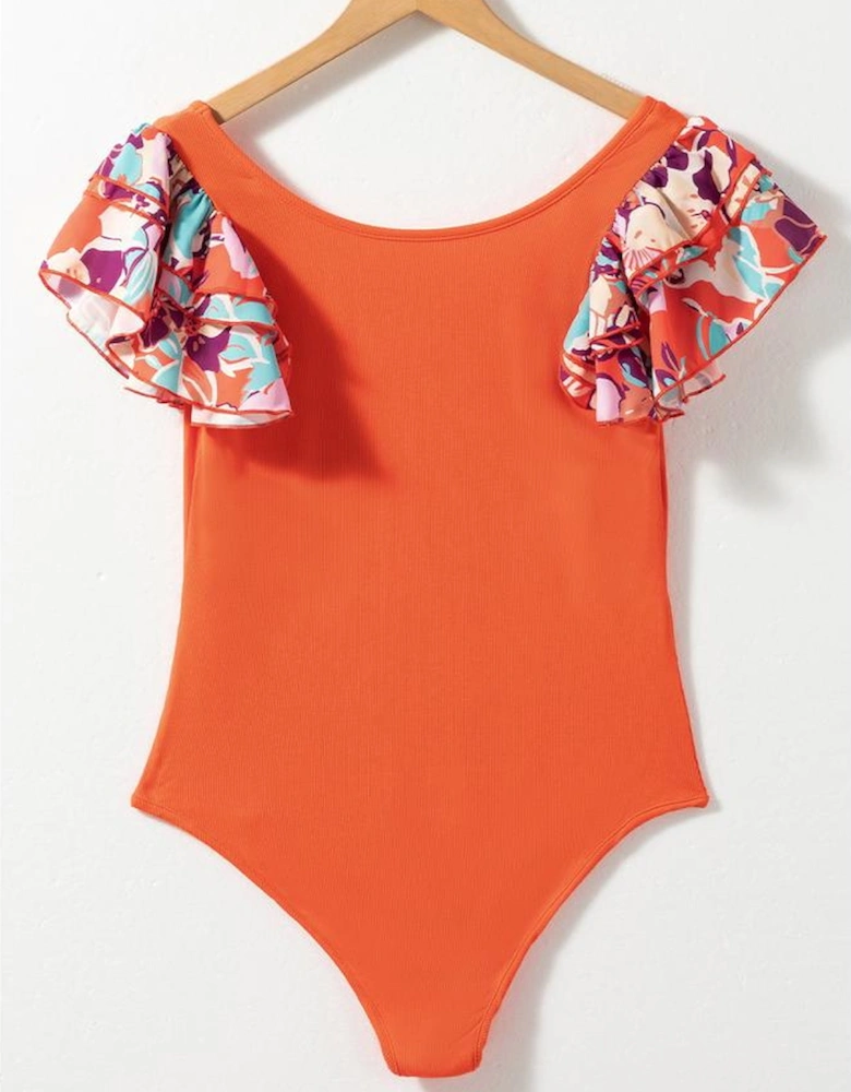 Orange Ribbed Knit Tiered Ruffled Sleeve Bodysuit