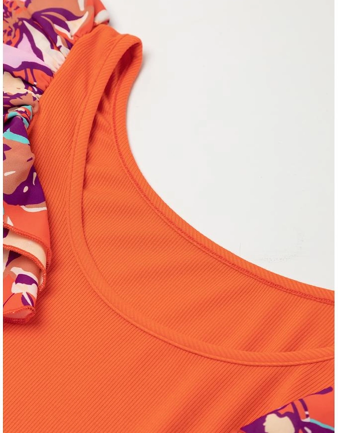 Orange Ribbed Knit Tiered Ruffled Sleeve Bodysuit