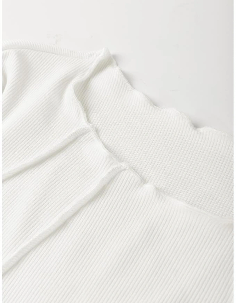 White Exposed Seam Ribbed Knit Slim Fit Long Sleeve Top