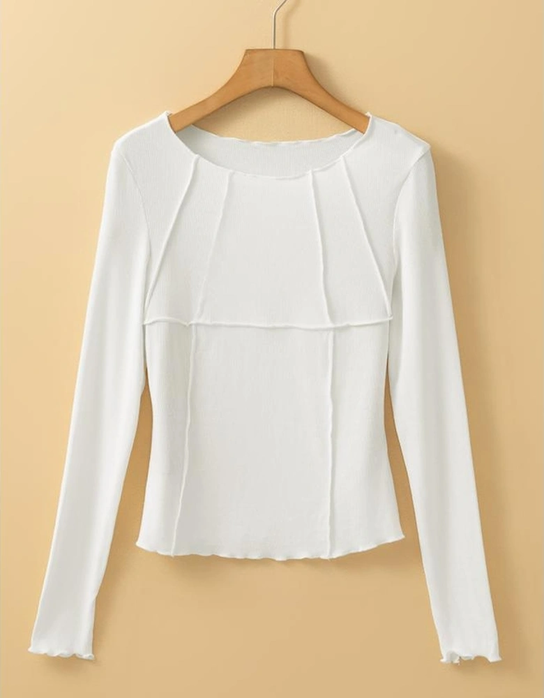 White Exposed Seam Ribbed Knit Slim Fit Long Sleeve Top