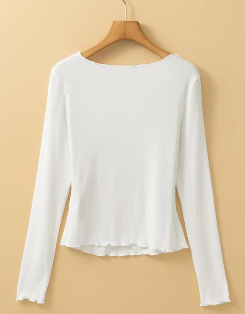 White Exposed Seam Ribbed Knit Slim Fit Long Sleeve Top