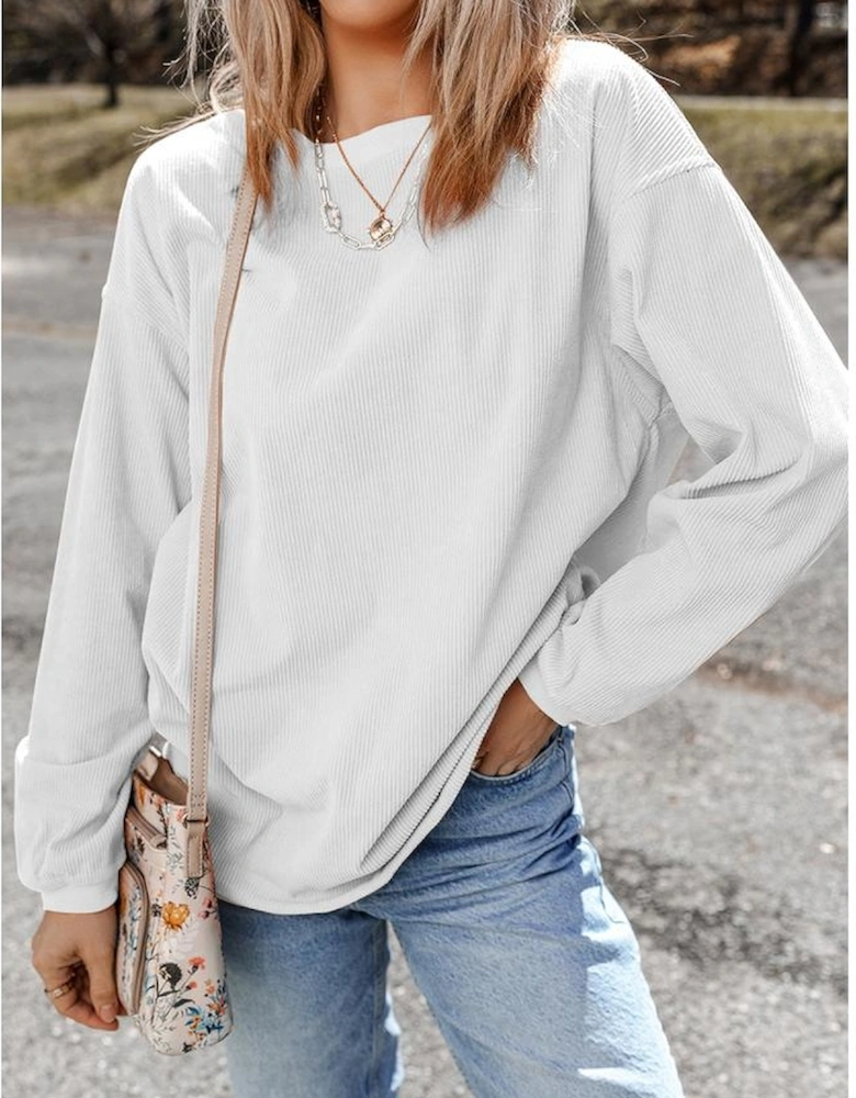 White Ribbed Corduroy Oversized Sweatshirt