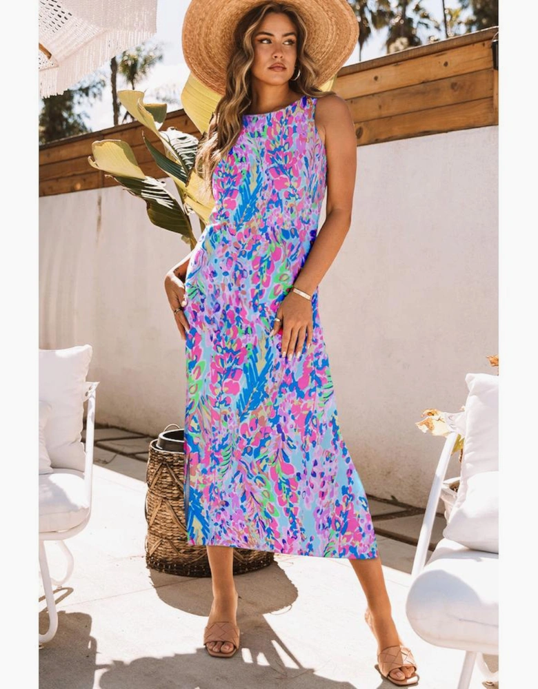 Purple Abstract Floral Print Sleeveless Maxi Dress