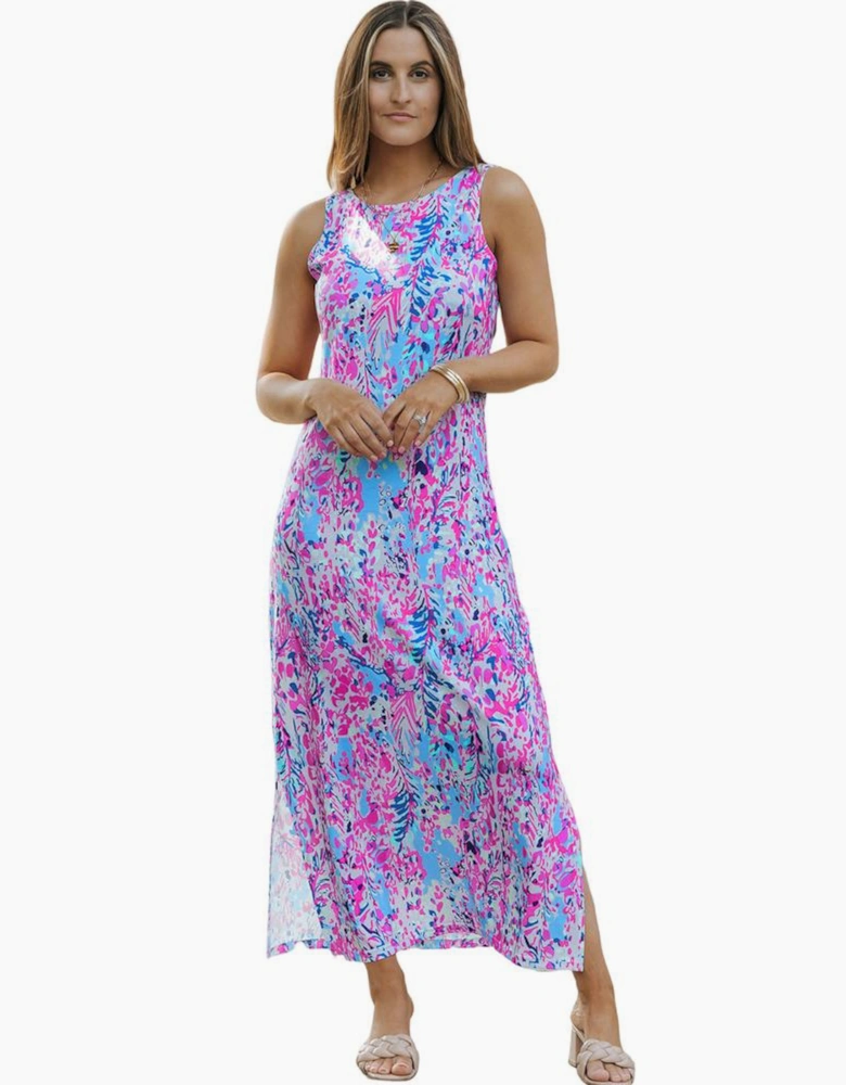 Purple Abstract Floral Print Sleeveless Maxi Dress