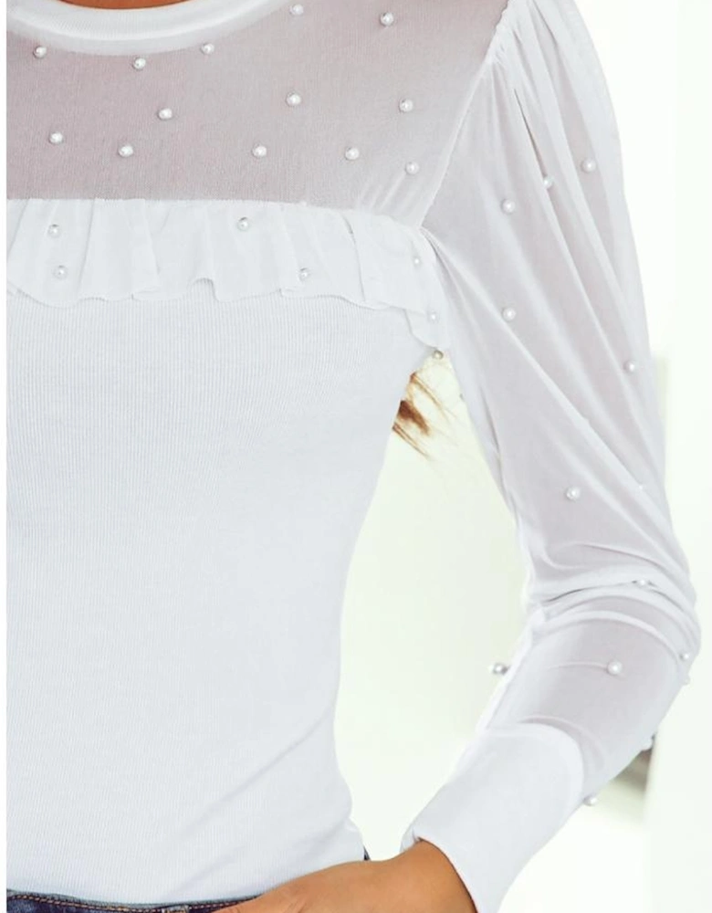 White Pearl Decor Mesh Patchwork Ribbed Long Sleeve Top