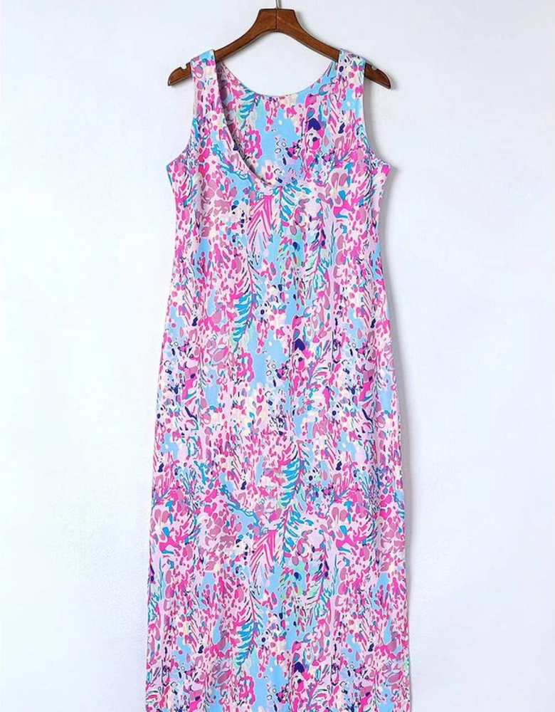 Purple Abstract Floral Print Sleeveless Maxi Dress