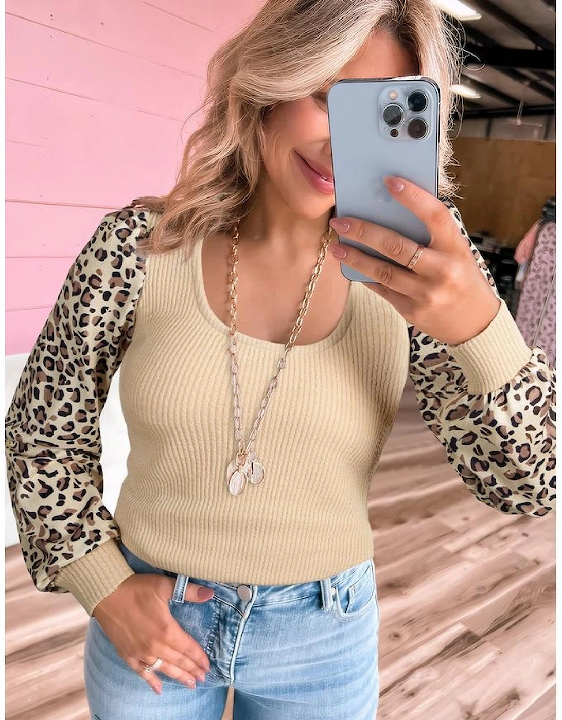 Apricot Leopard Sleeve Patchwork Ribbed Knit U Neck Top, 10 of 9