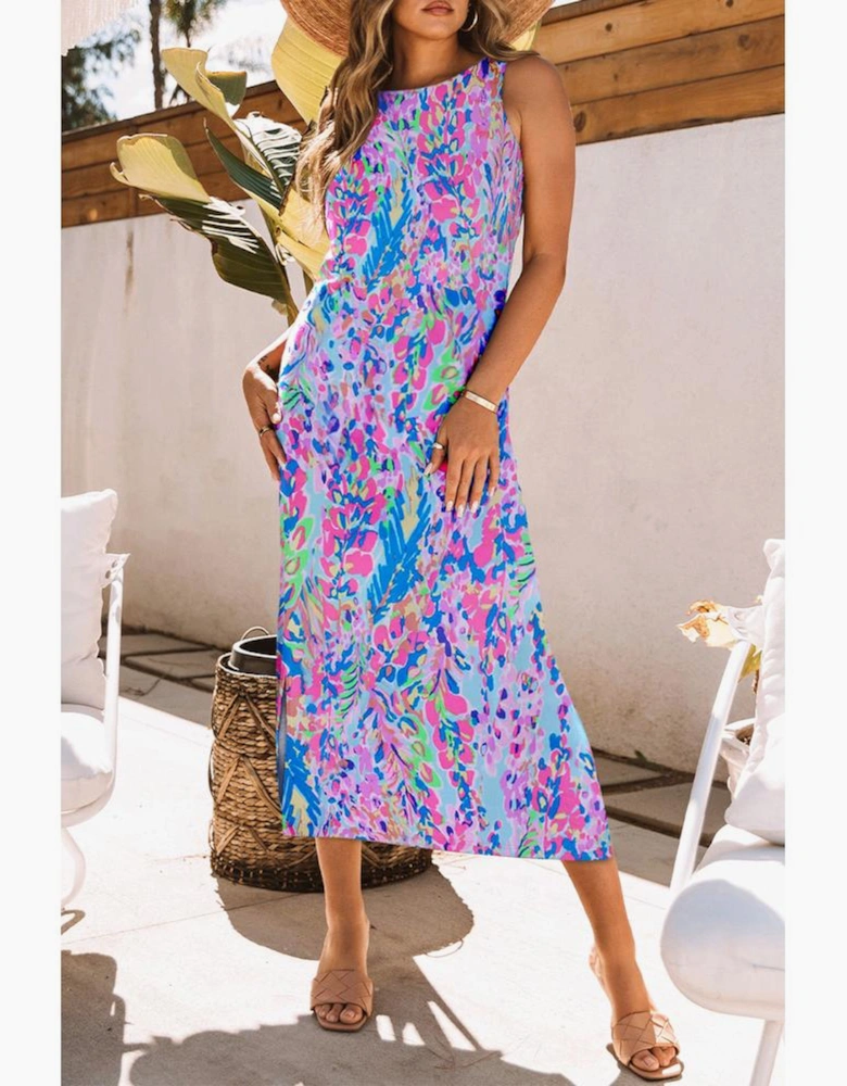 Purple Abstract Floral Print Sleeveless Maxi Dress