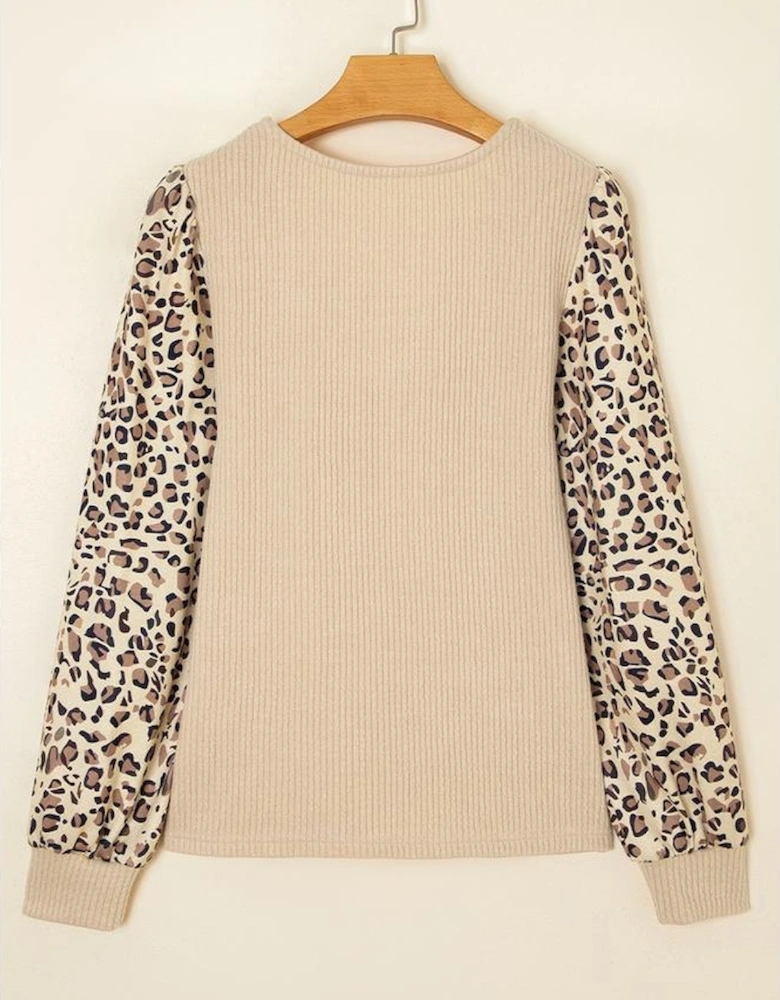 Apricot Leopard Sleeve Patchwork Ribbed Knit U Neck Top