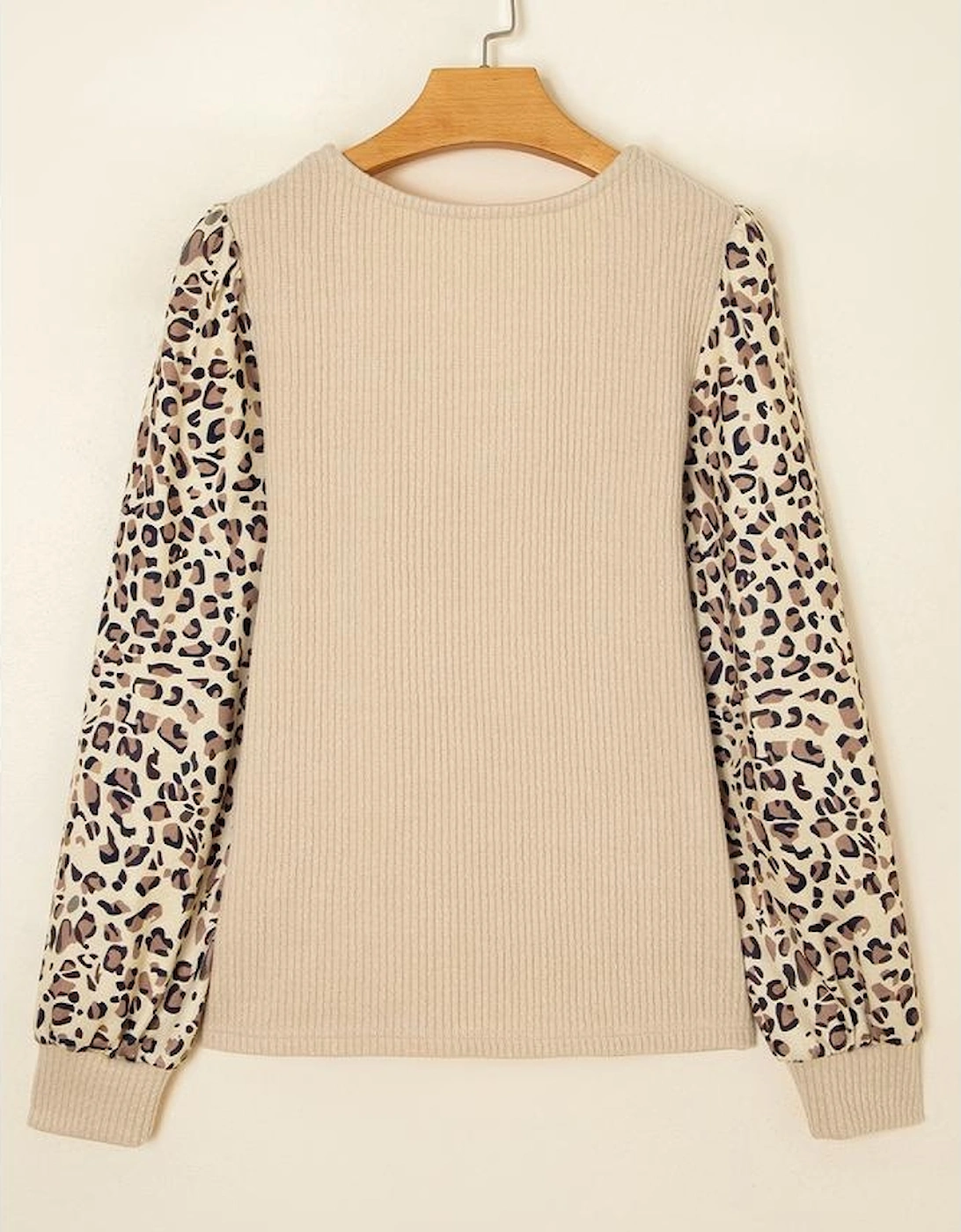 Apricot Leopard Sleeve Patchwork Ribbed Knit U Neck Top