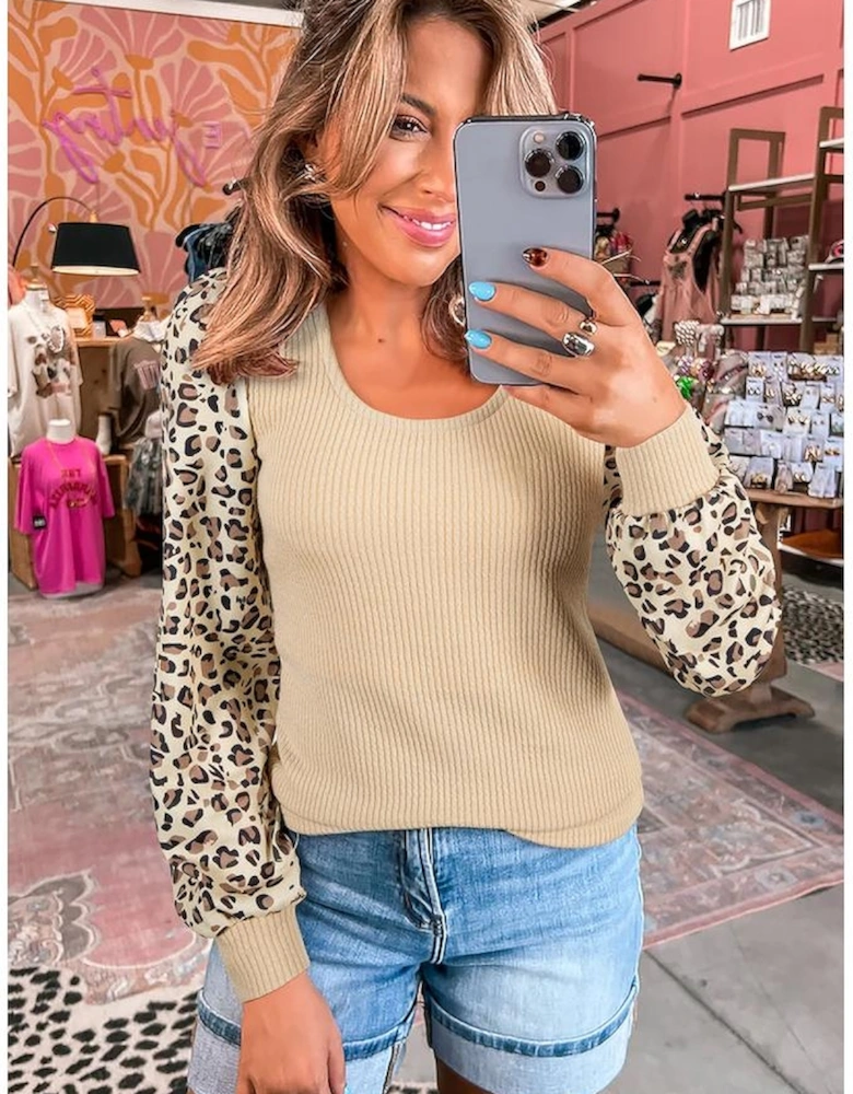 Apricot Leopard Sleeve Patchwork Ribbed Knit U Neck Top