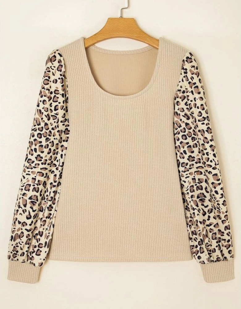 Apricot Leopard Sleeve Patchwork Ribbed Knit U Neck Top