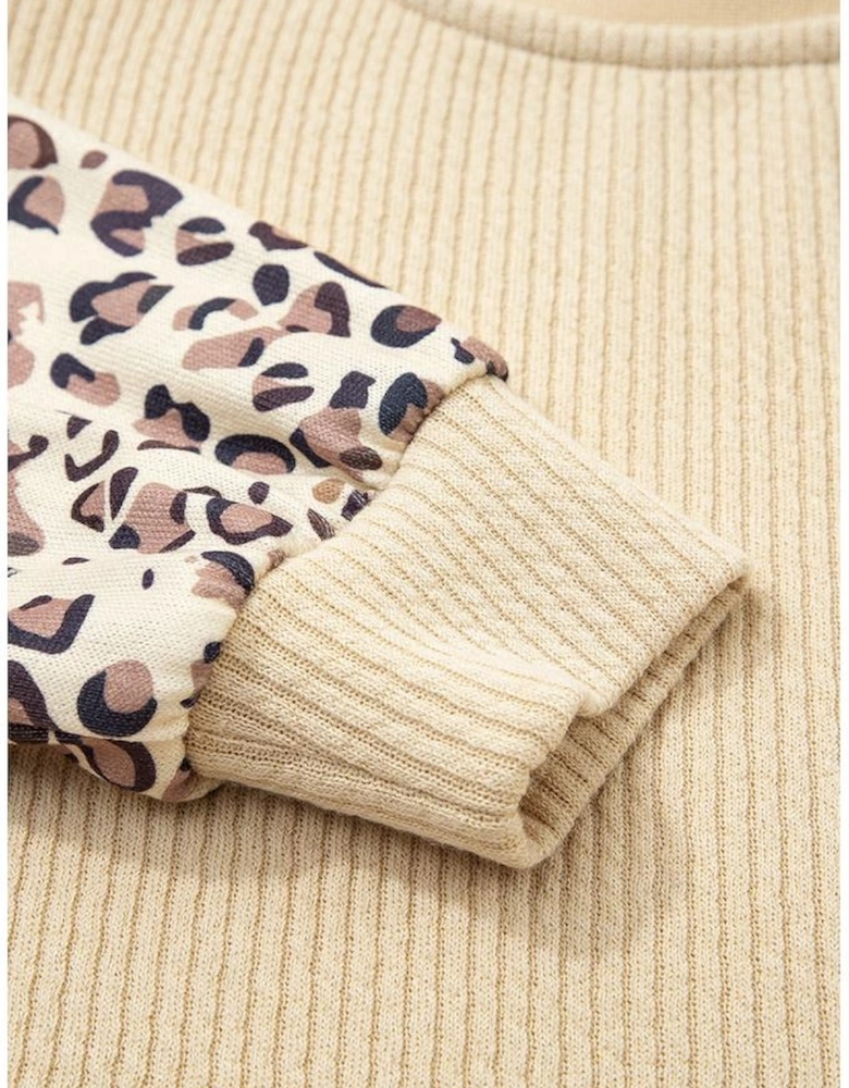 Apricot Leopard Sleeve Patchwork Ribbed Knit U Neck Top
