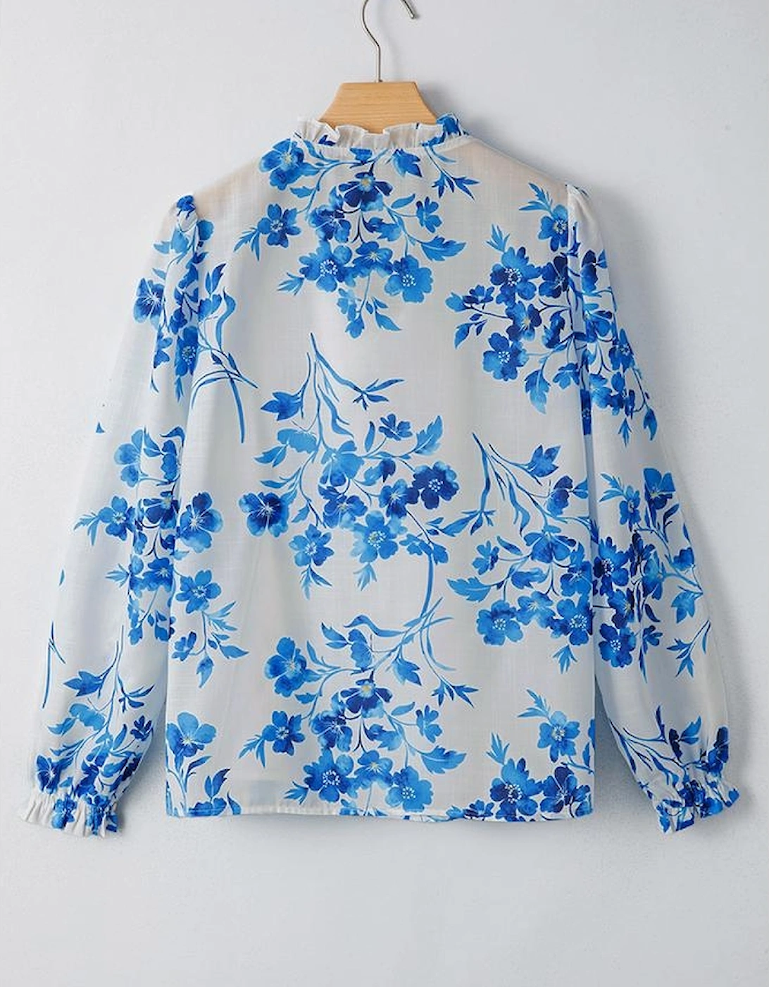 Blue Floral Long Sleeve Lace-up V Neck Blouse