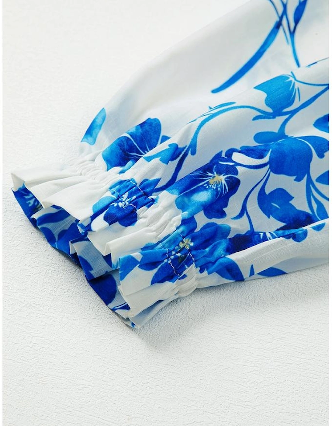 Blue Floral Long Sleeve Lace-up V Neck Blouse