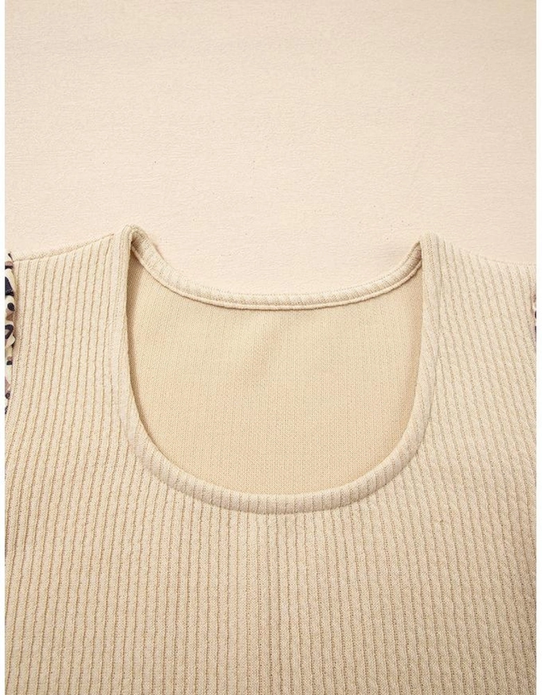Apricot Leopard Sleeve Patchwork Ribbed Knit U Neck Top