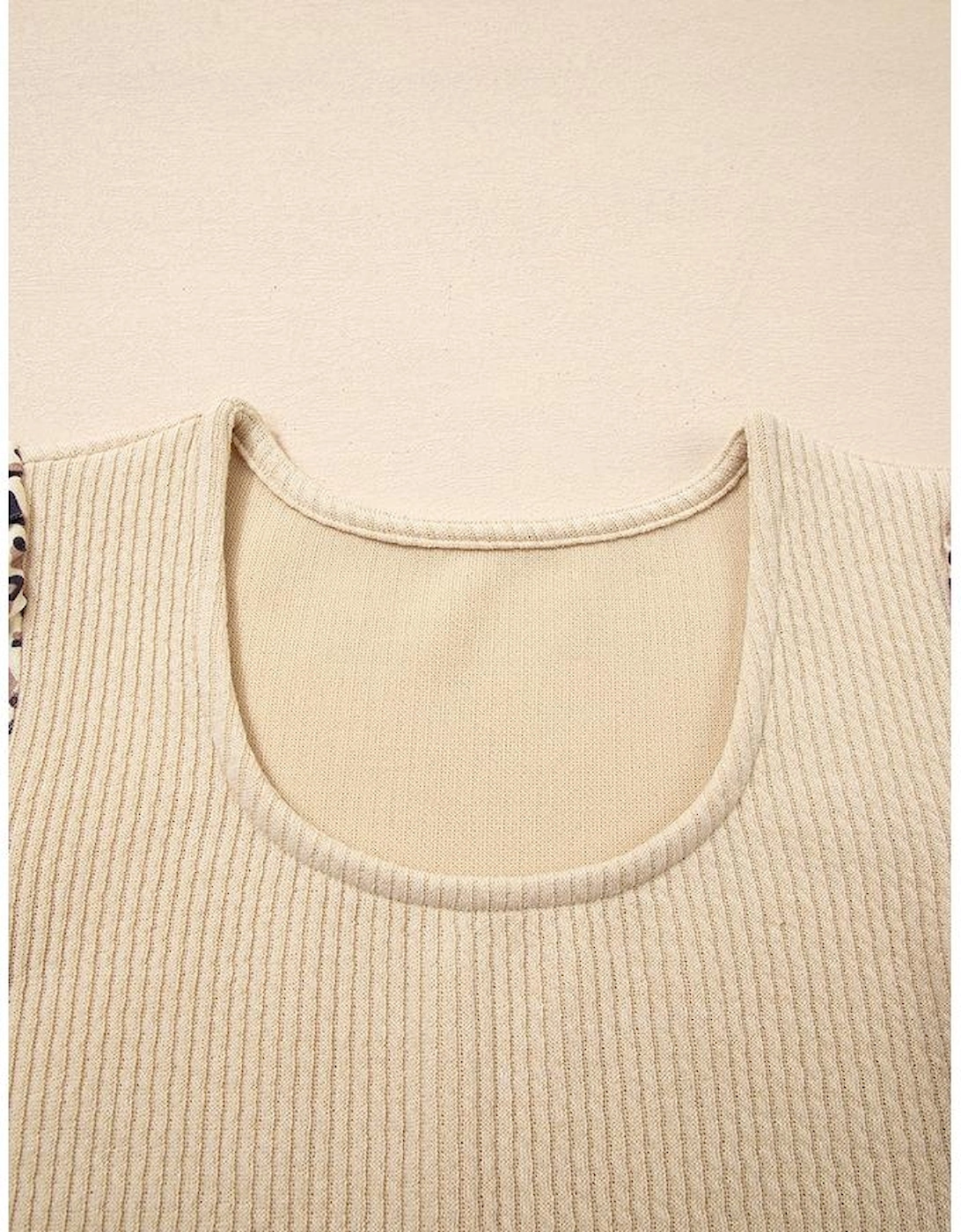 Apricot Leopard Sleeve Patchwork Ribbed Knit U Neck Top