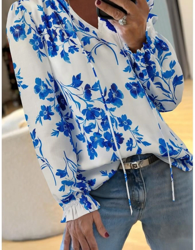 Blue Floral Long Sleeve Lace-up V Neck Blouse
