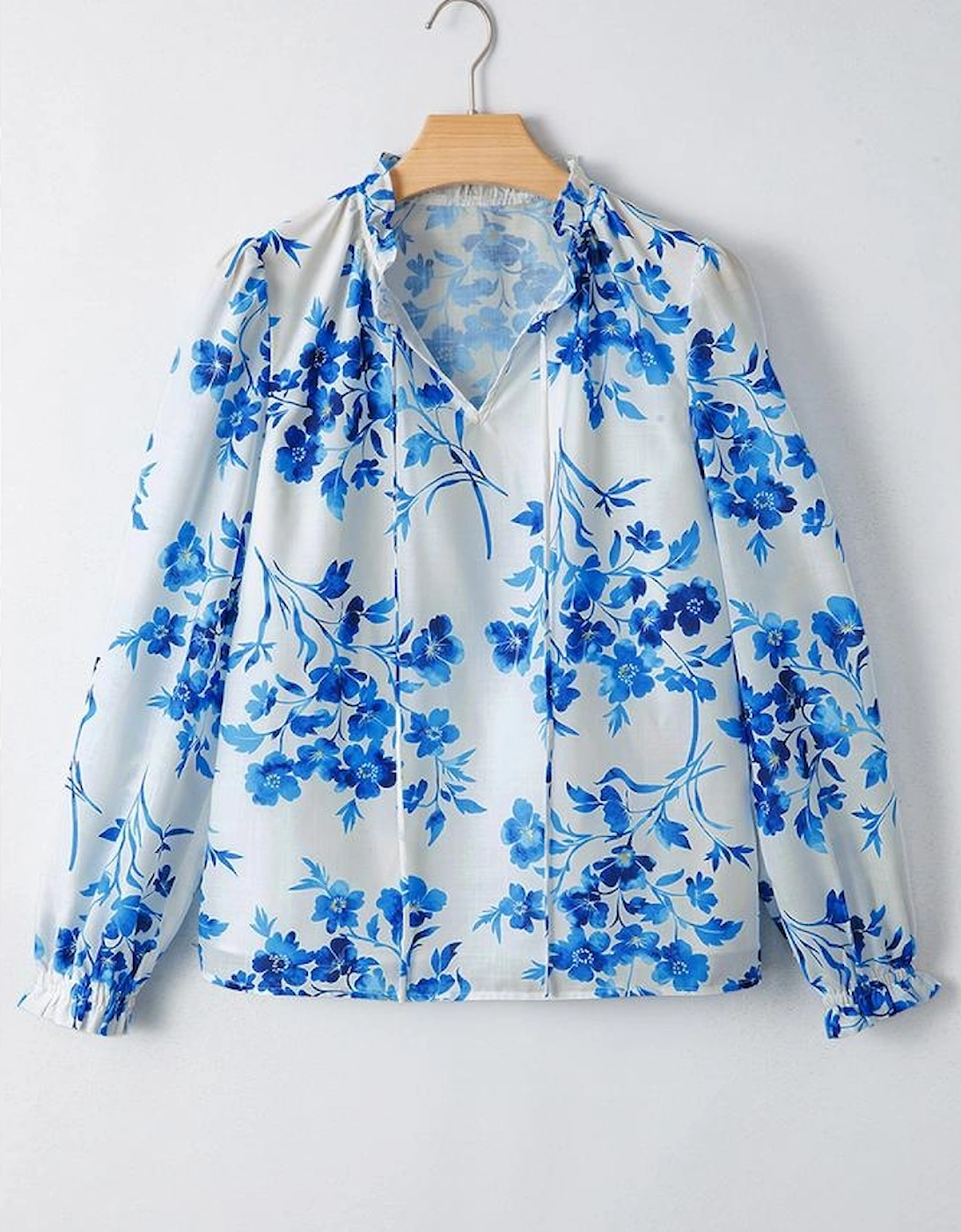 Blue Floral Long Sleeve Lace-up V Neck Blouse, 9 of 8