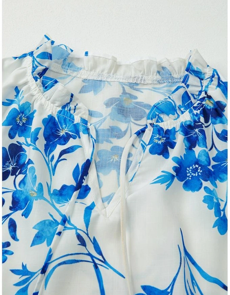 Blue Floral Long Sleeve Lace-up V Neck Blouse