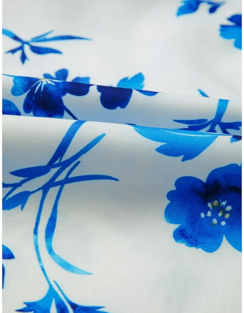 Blue Floral Long Sleeve Lace-up V Neck Blouse