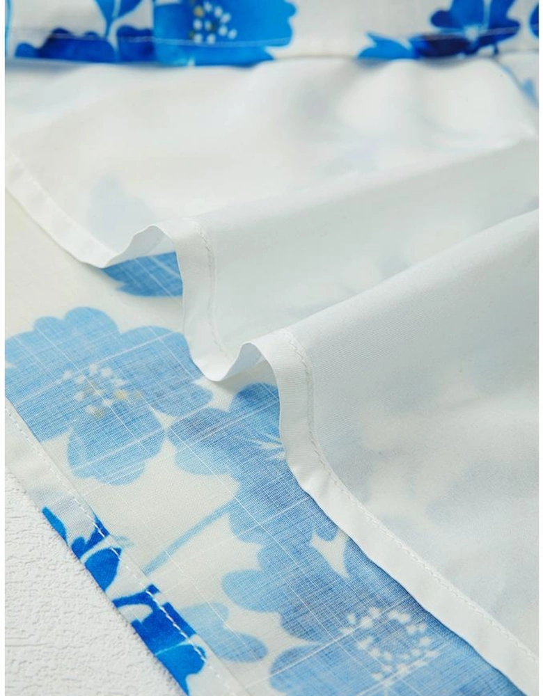 Blue Floral Long Sleeve Lace-up V Neck Blouse