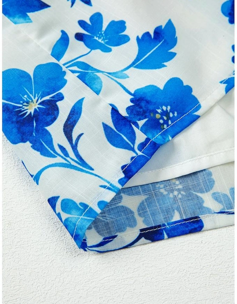 Blue Floral Long Sleeve Lace-up V Neck Blouse