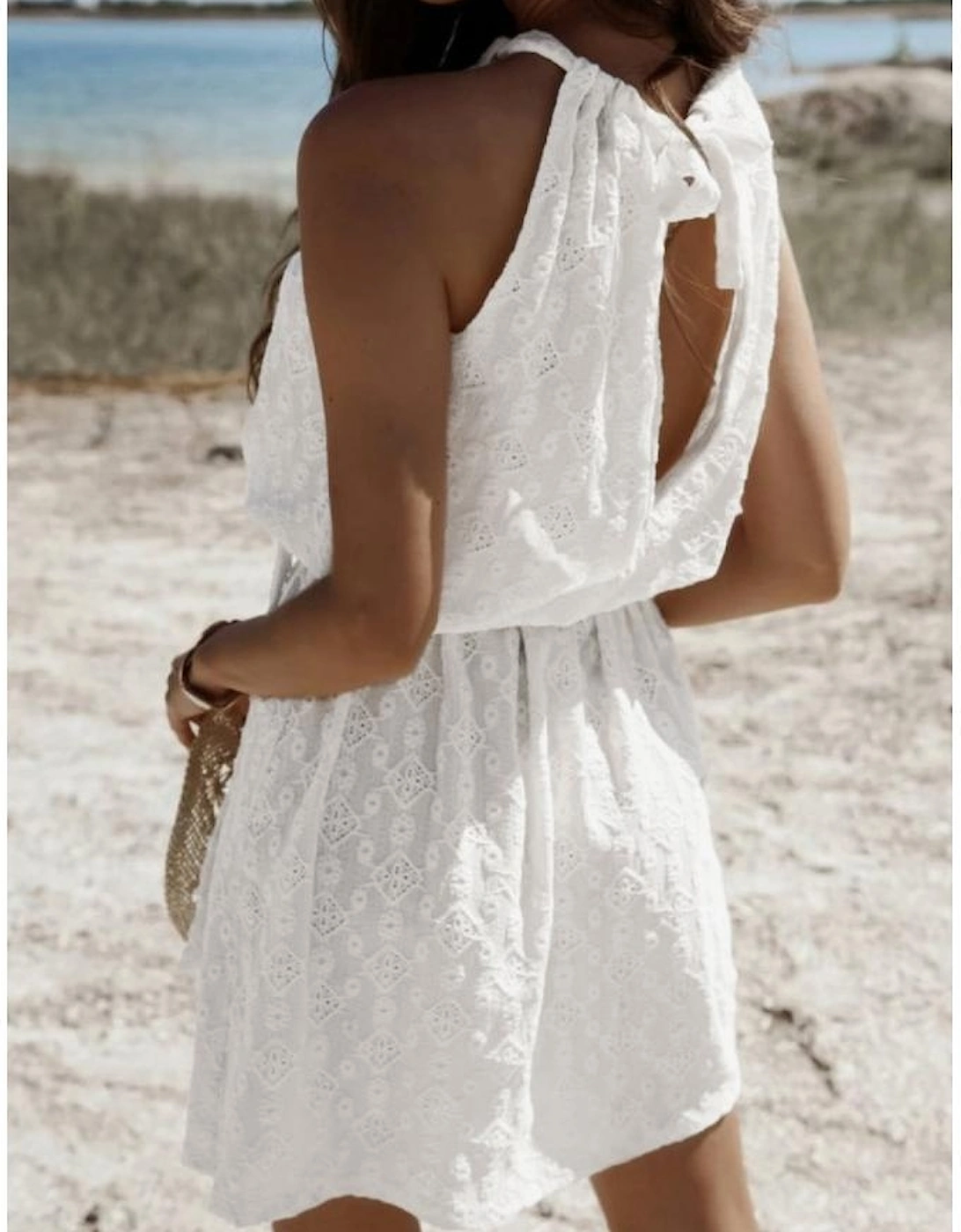 White Lace Sleeveless Knot Hollow Out Back Tied Waist Mini Dress, 12 of 11