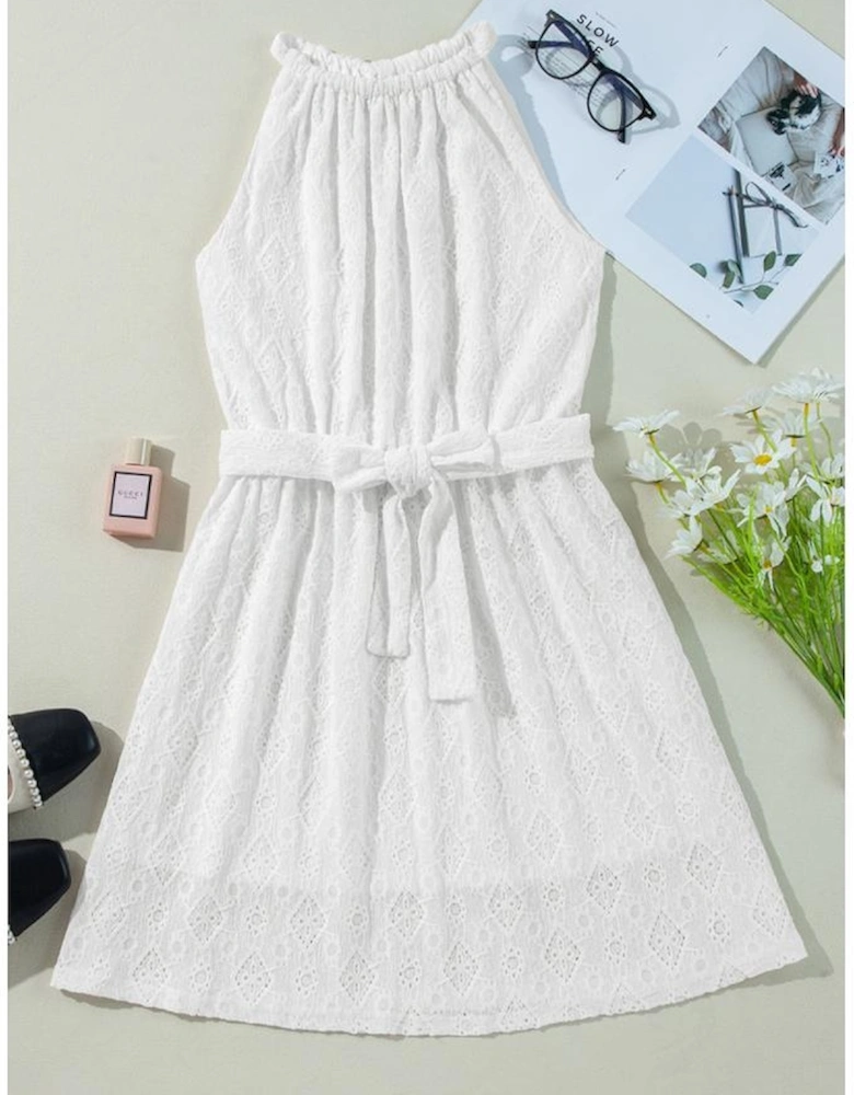 White Lace Sleeveless Knot Hollow Out Back Tied Waist Mini Dress