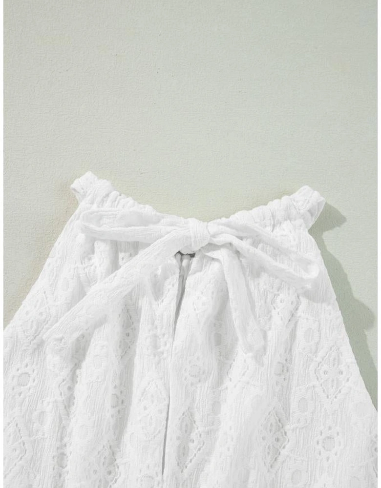 White Lace Sleeveless Knot Hollow Out Back Tied Waist Mini Dress