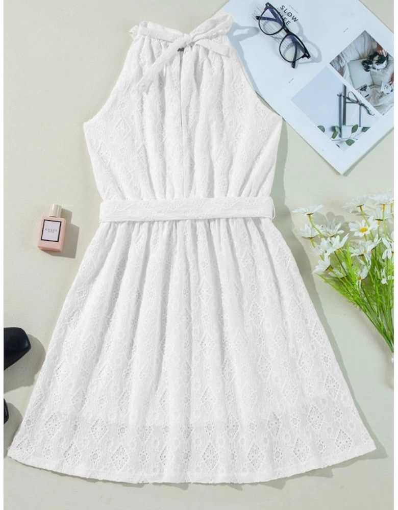 White Lace Sleeveless Knot Hollow Out Back Tied Waist Mini Dress