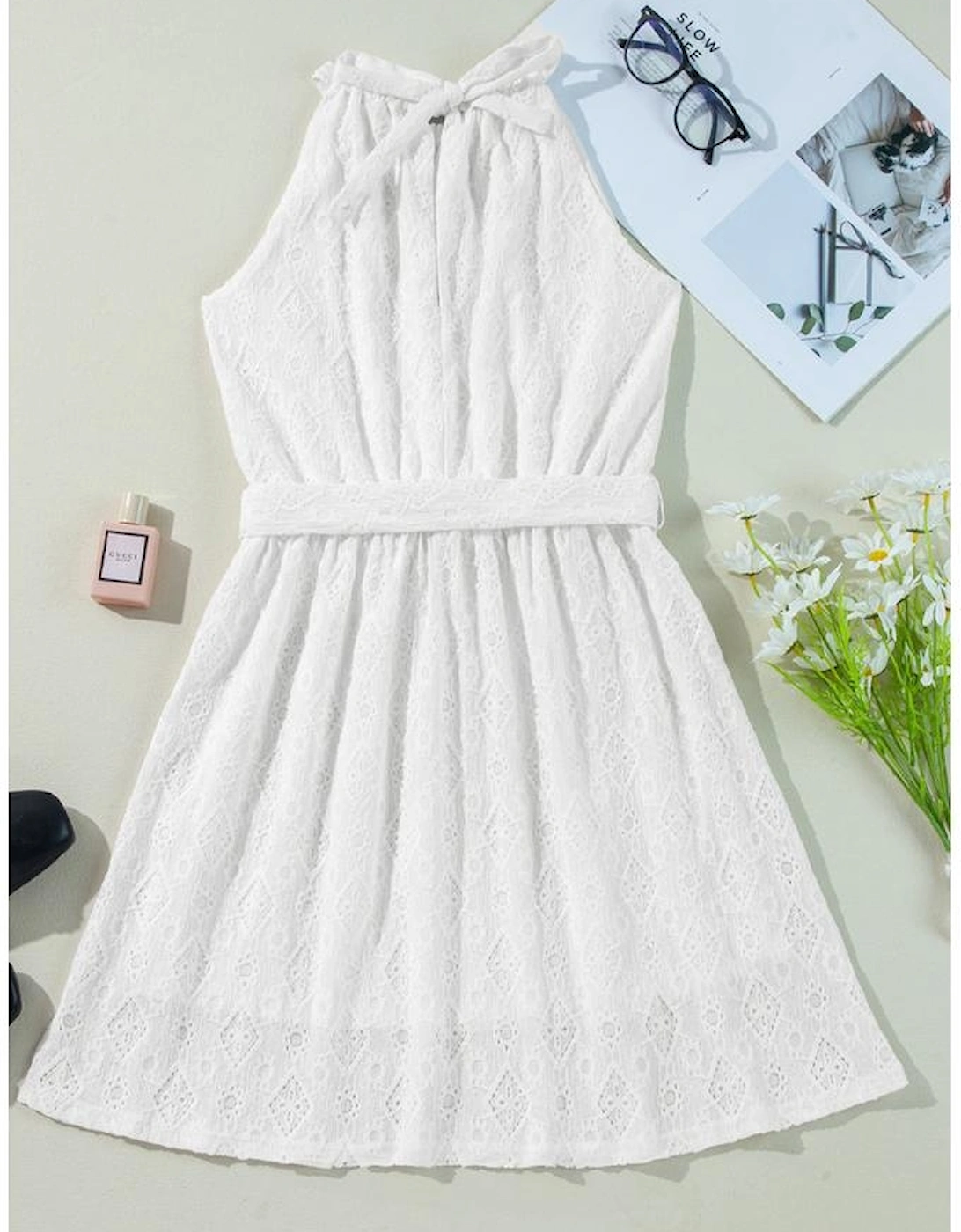 White Lace Sleeveless Knot Hollow Out Back Tied Waist Mini Dress