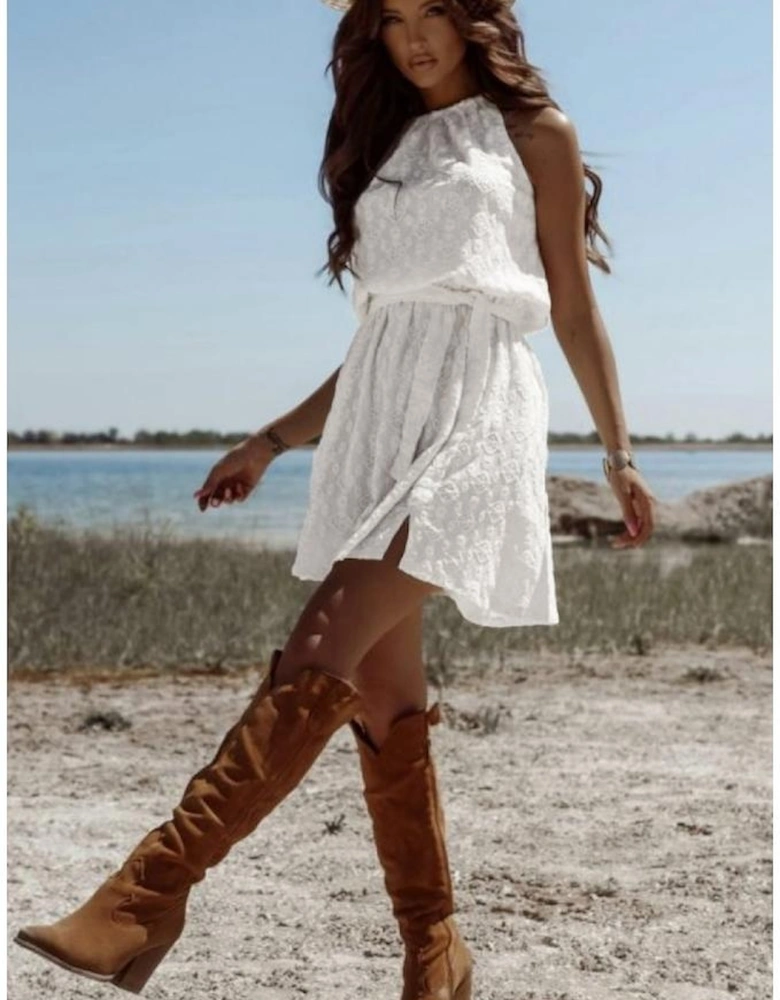 White Lace Sleeveless Knot Hollow Out Back Tied Waist Mini Dress