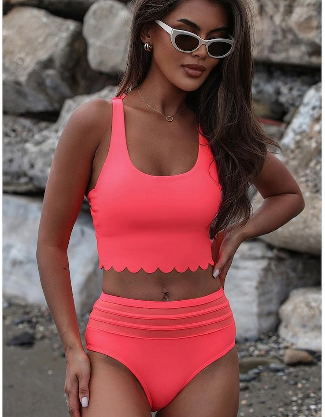 Pink Scalloped Criss Cross High Waist Bikini, 16 of 15
